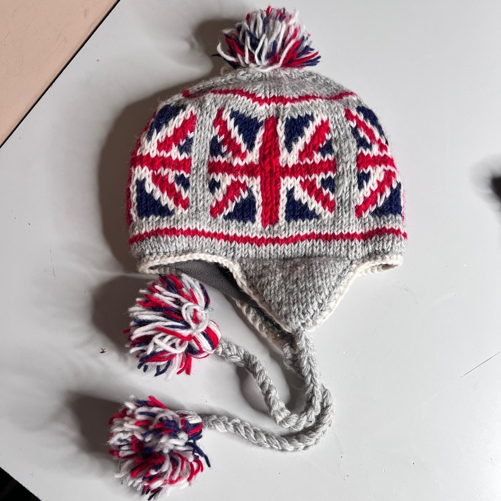 M.Y.C Gifts Union Jack Wool Earflap Beanie Hat British Flag Pom Pom Fleece Lined